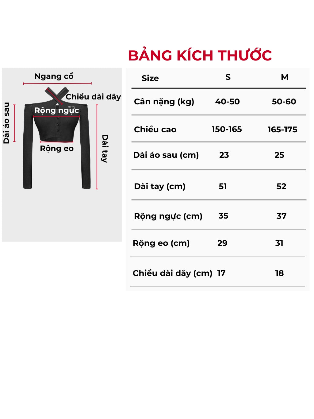 Size chart for a black long-sleeve top with measurements in centimeters and kilograms.