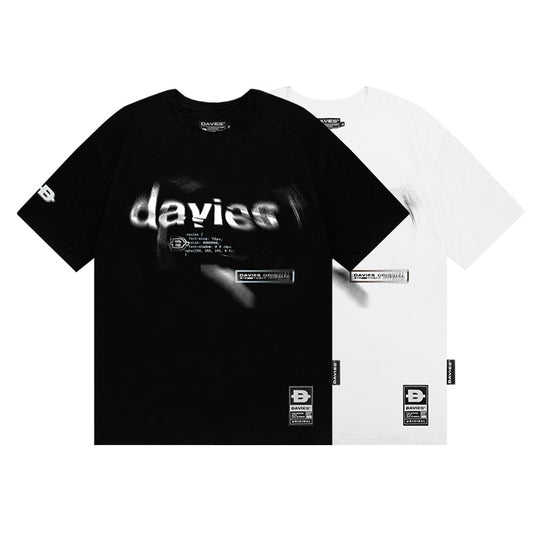 Black and white t-shirts with 'davies' branding on a white background