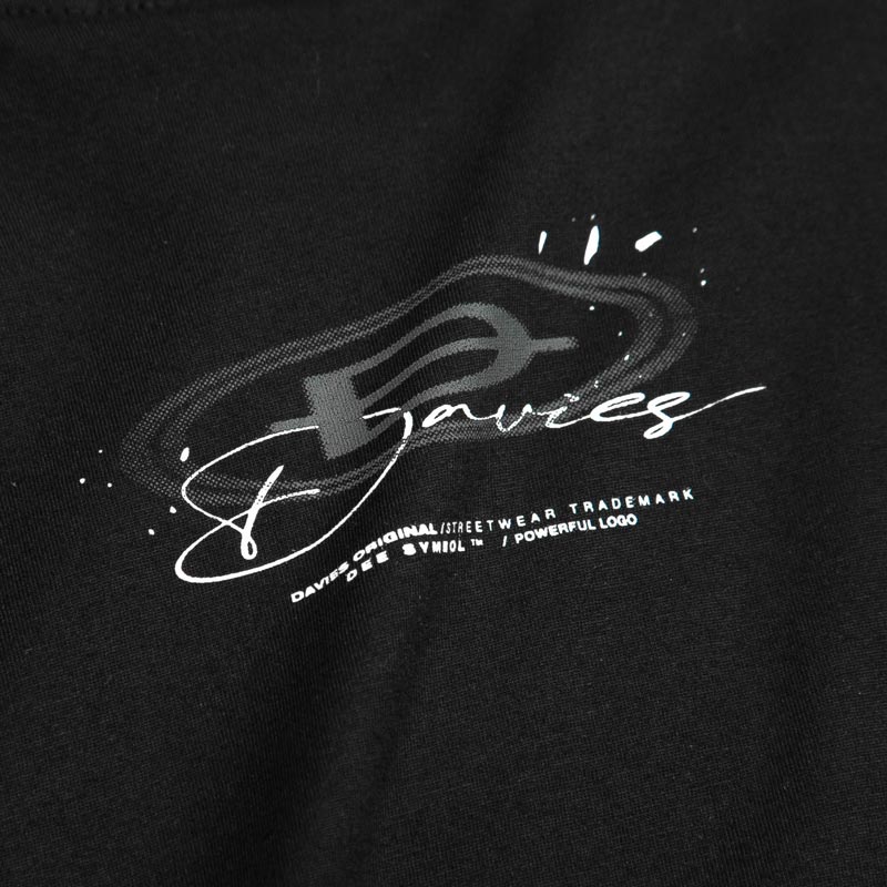 Black t-shirt with white logo and text on a black background