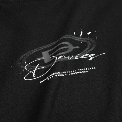 Black t-shirt with white logo and text on a black background
