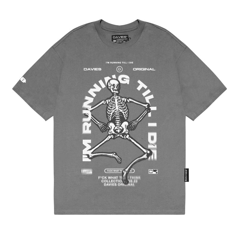 Gray t-shirt with skeleton graphic and text on a white background