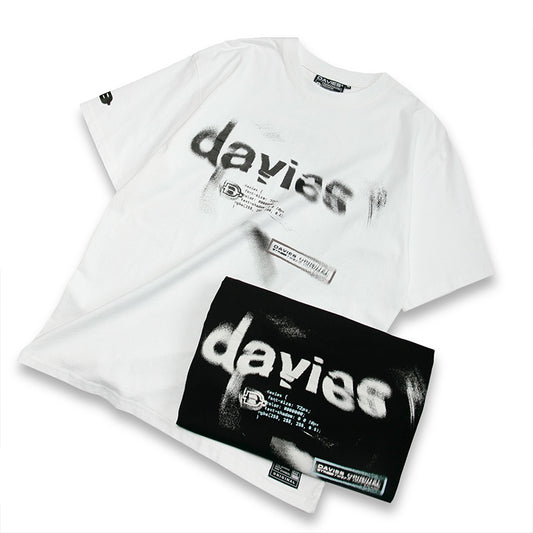 White t-shirt with 'davies' branding on a white background