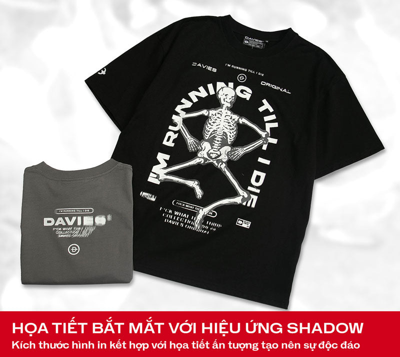 Black t-shirt with skeleton design and 'I'm Running Till I Die' text on a white background