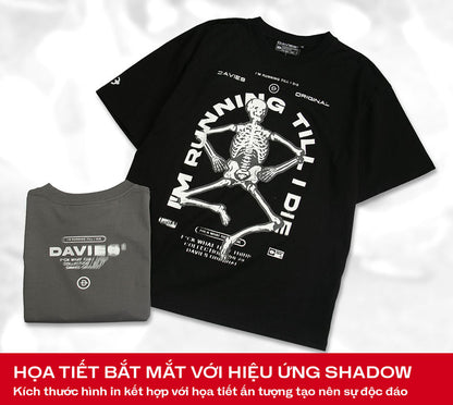 Black t-shirt with skeleton design and 'I'm Running Till I Die' text on a white background
