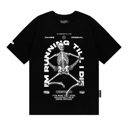 Black t-shirt with a skeleton graphic and text on a white background