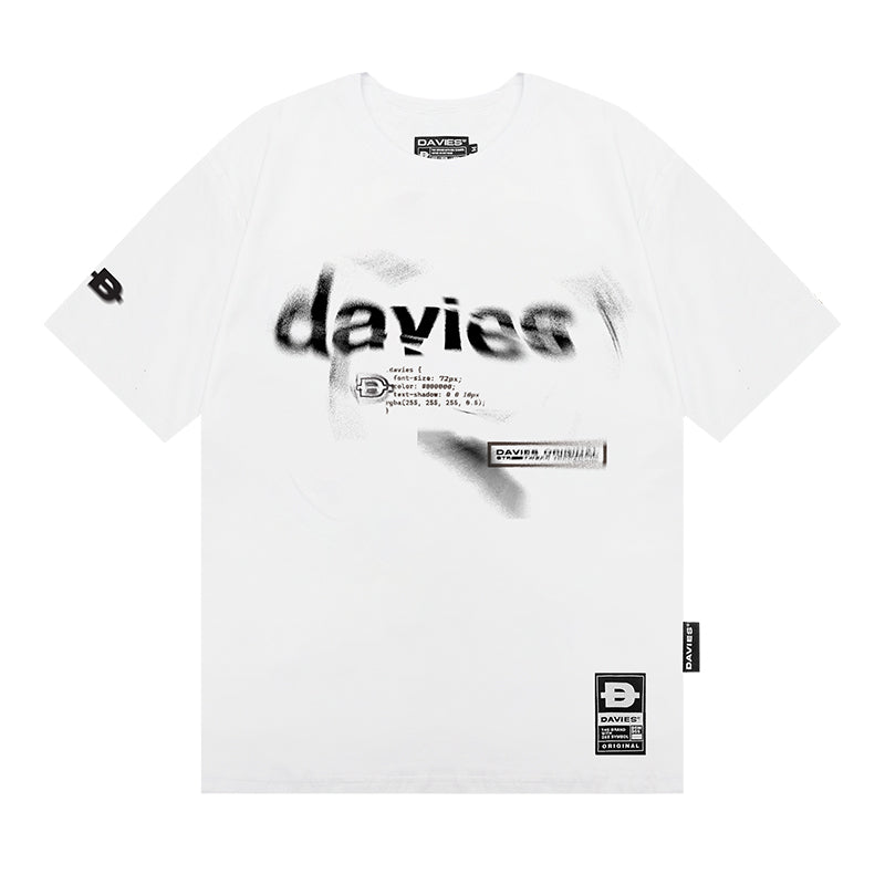 White t-shirt with black text and logos on a white background