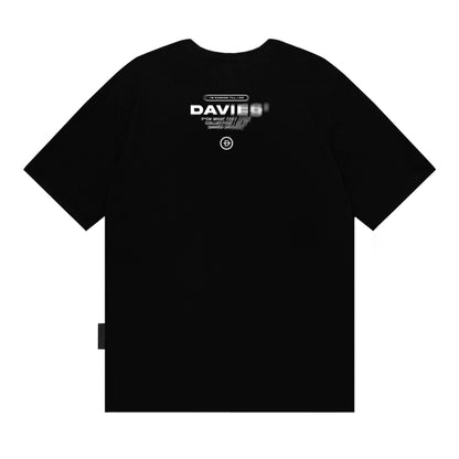 Black t-shirt with white text and graphics on a white background