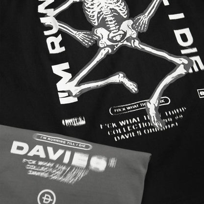 Black t-shirt with skeleton design and text, featuring the brand 'Davies'.