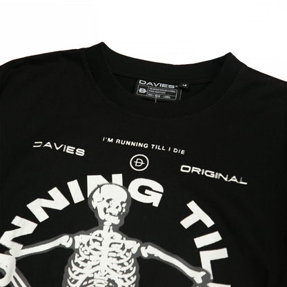Black t-shirt with skeleton design and 'Davies' branding on a white background
