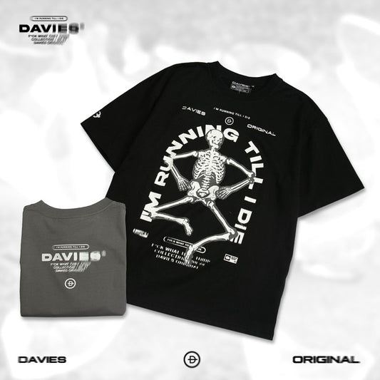 Black and gray t-shirts with skeleton design and 'DAVIES' branding on a white background.