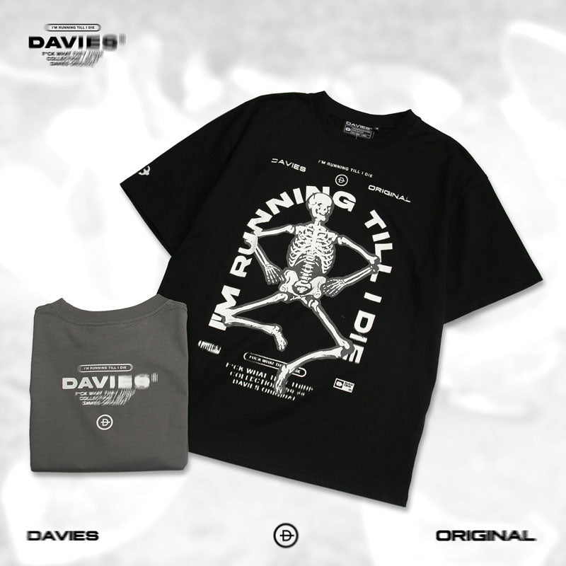 Black and gray t-shirts with skeleton design and 'DAVIES' branding on a white background.