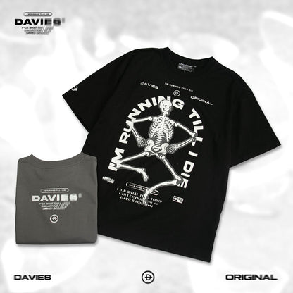 Black and gray t-shirts with skeleton design and 'DAVIES' branding on a white background.