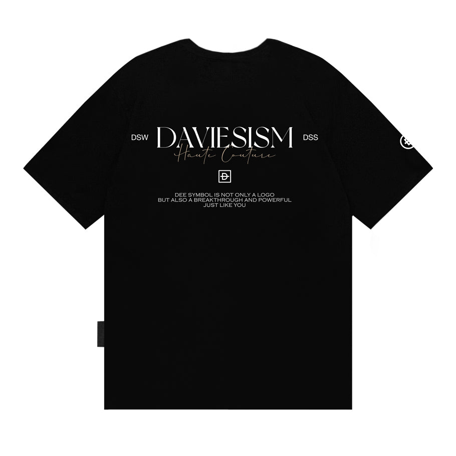 Black t-shirt with white text and branding on a white background