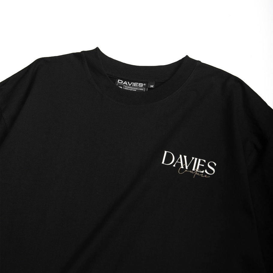 Black t-shirt with 'DAVIES' logo on a white background