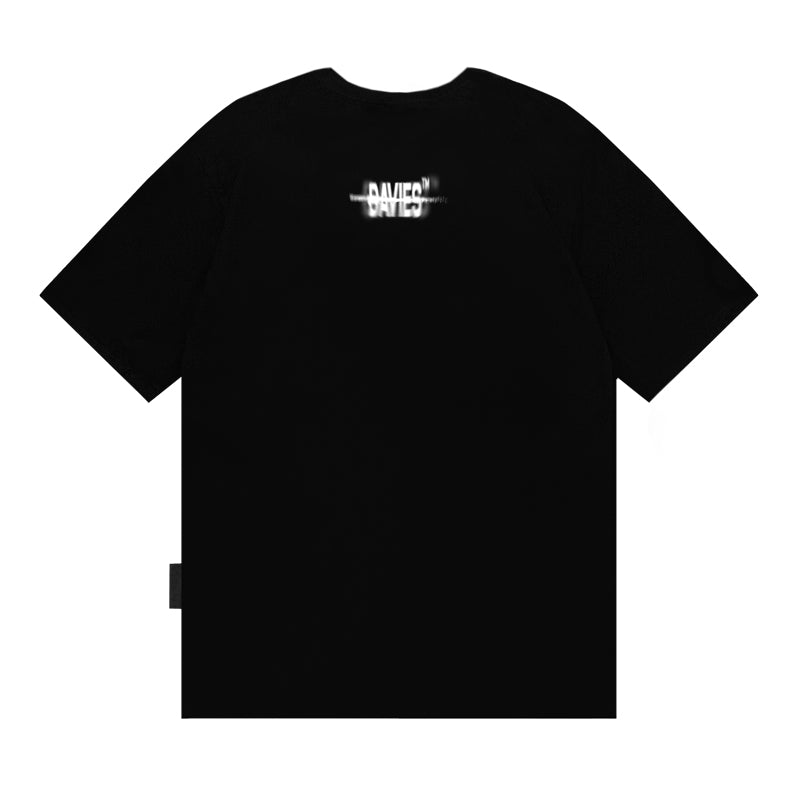 Black t-shirt with a logo on the chest and text on the sleeve against a white background