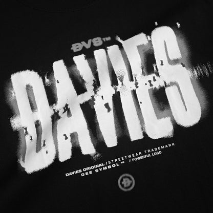 Black t-shirt with white 'DAVIES' logo and text on a black background