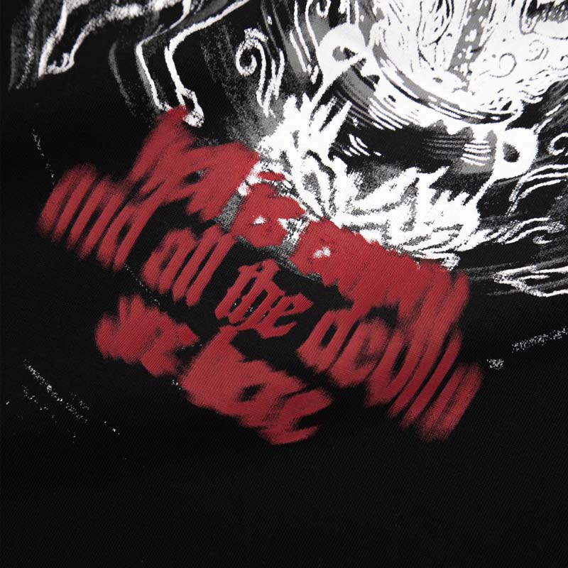 Black and white abstract design with red text on a black background
