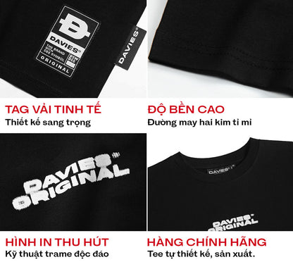 Black t-shirt with 'DAVIES ORIGINAL' branding and text highlighting features.
