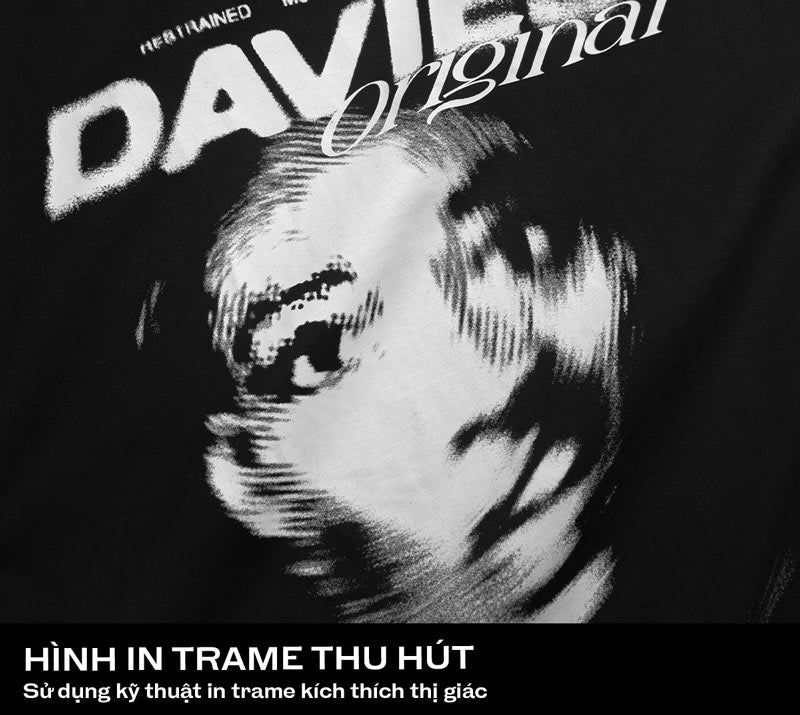 Black t-shirt with white graphic design and text on a black background