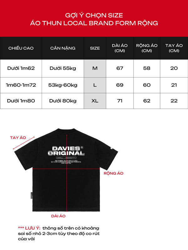 Size chart for a black t-shirt with 'DAVIES ORIGINAL' branding on a red background.