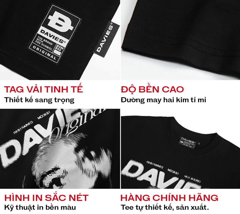 Black t-shirt with 'DAVIES' branding and text highlighting features on a white background.