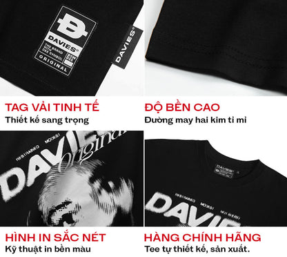 Black t-shirt with 'DAVIES' branding and text highlighting features on a white background.