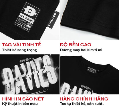 Black t-shirt with 'DAVIES' branding and text highlighting features on a white background.