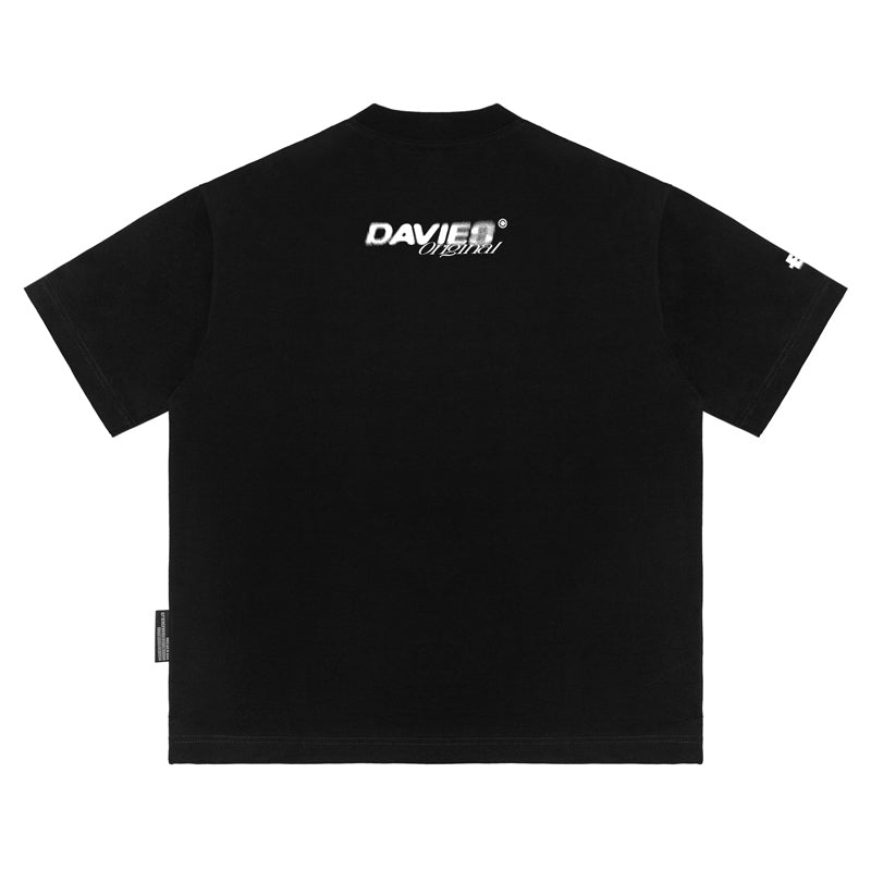 Black t-shirt with 'DAVIES' logo on the back against a white background
