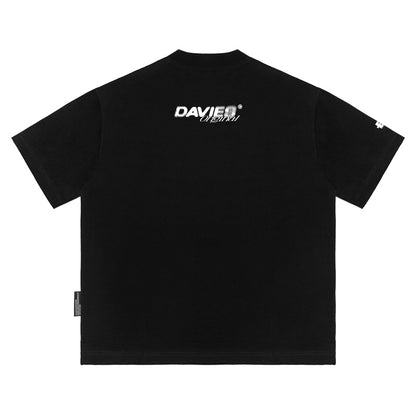 Black t-shirt with 'DAVIES' logo on the back against a white background