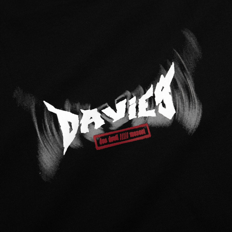 Black and white graphic with 'DAVIES' text and a red label on a black background