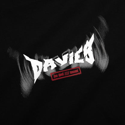 Black and white graphic with 'DAVIES' text and a red label on a black background