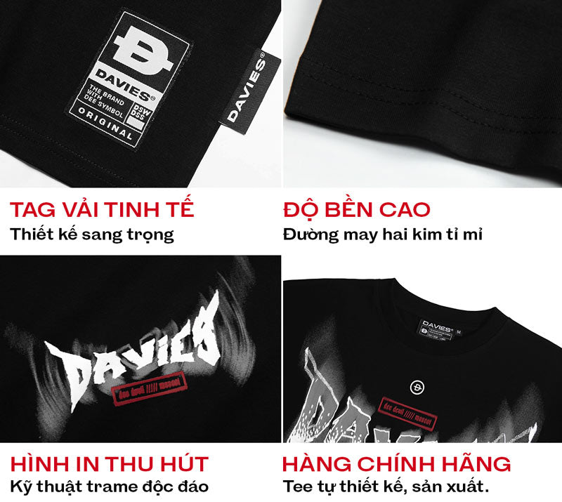 Black t-shirt with Davies branding and text on a white background