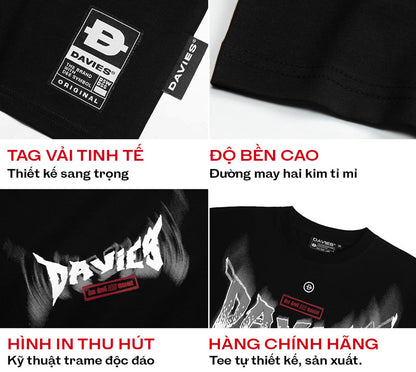 Black t-shirt with Davies branding and text on a white background