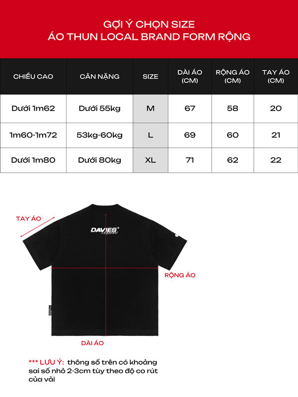 Size chart for a black t-shirt with brand logo on a red and black background