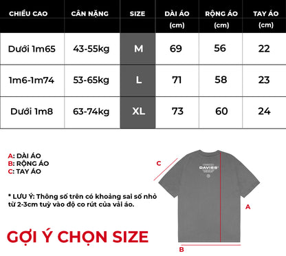 Size chart for a t-shirt with measurements in centimeters