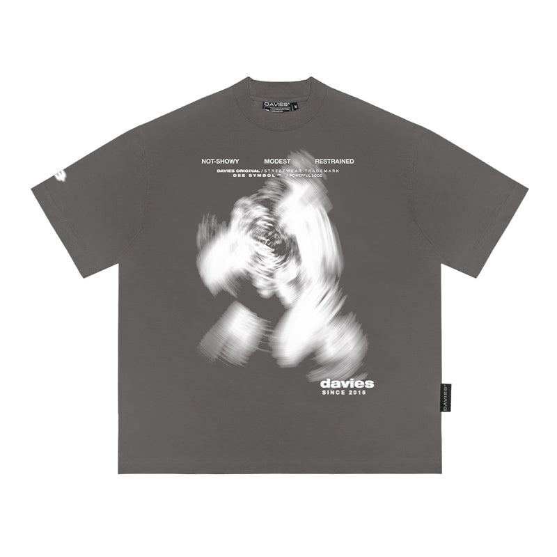 Gray t-shirt with a graphic design and 'davies' branding on a white background