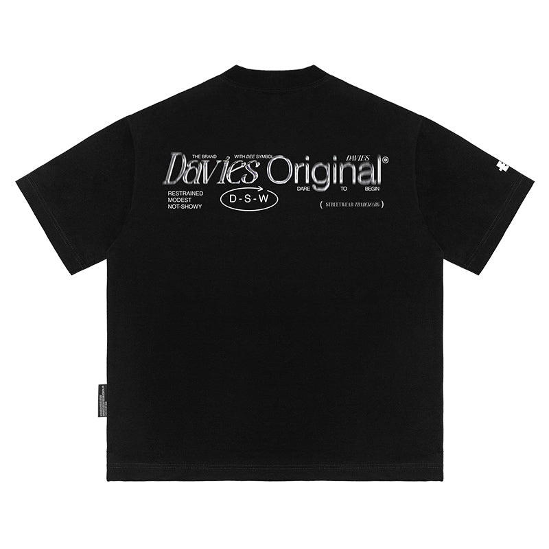 Black t-shirt with white text on the back on a white background