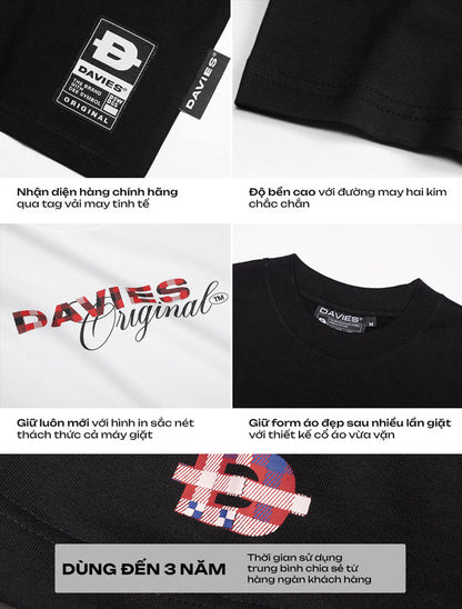 Black t-shirt with Davies Original branding and tag on a white background