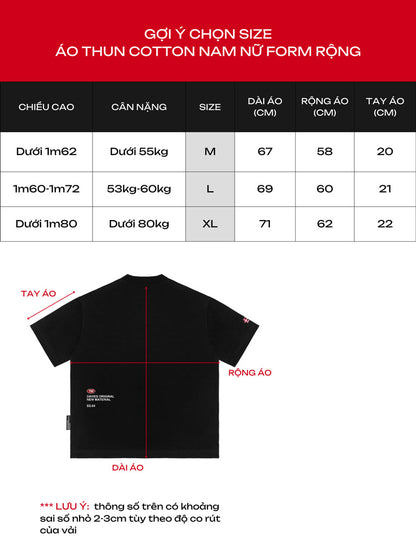 Size chart for a black t-shirt with measurements on a red background