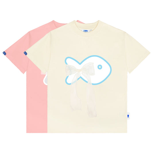 Two t-shirts, one pink and one beige with a fish graphic, on a white background.