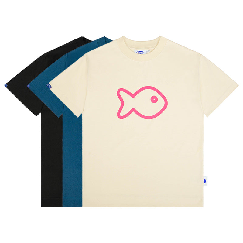 Three t-shirts with a pink fish graphic on a beige background