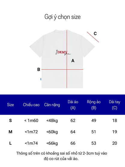 Size chart for a white t-shirt with measurements in centimeters