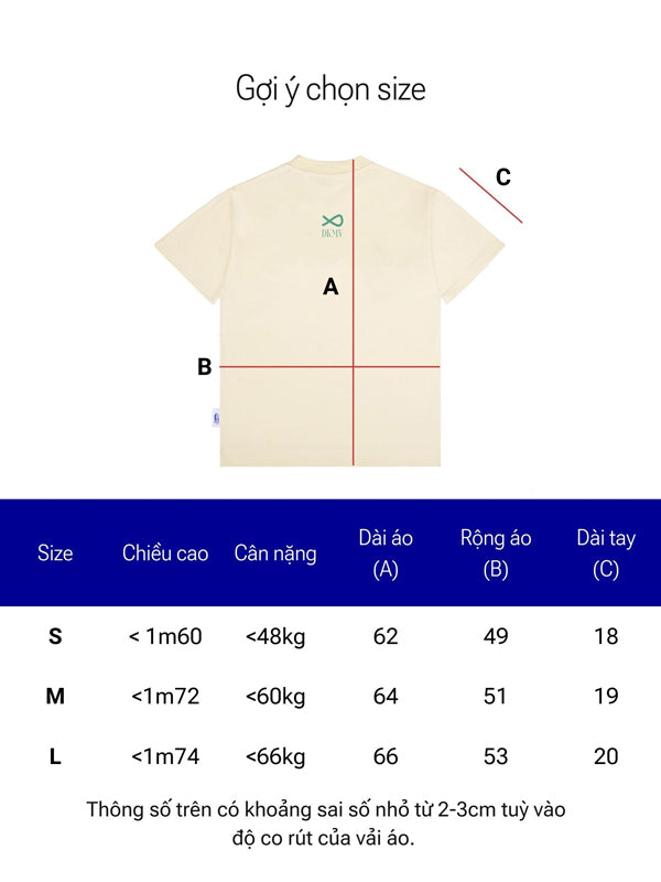 Size chart for a t-shirt with measurements in centimeters