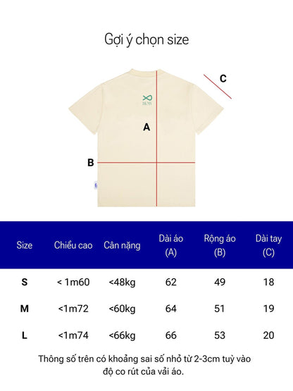 Size chart for a t-shirt with measurements in centimeters