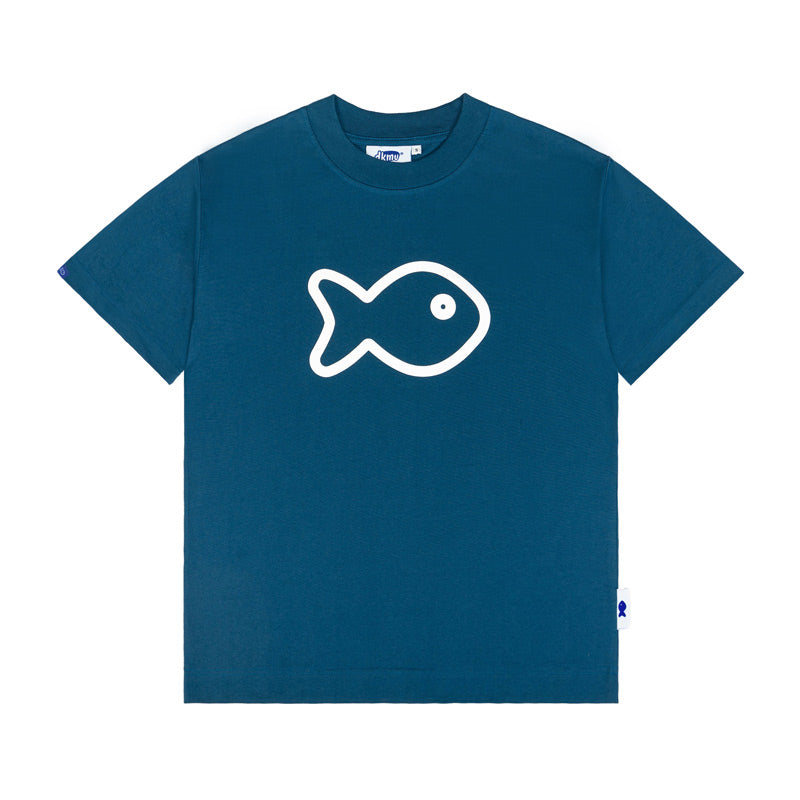 Blue t-shirt with a white fish graphic on a white background