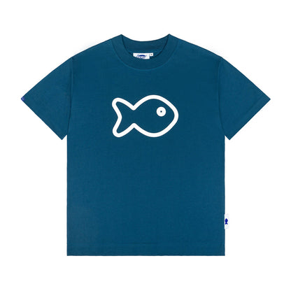 Blue t-shirt with a white fish graphic on a white background