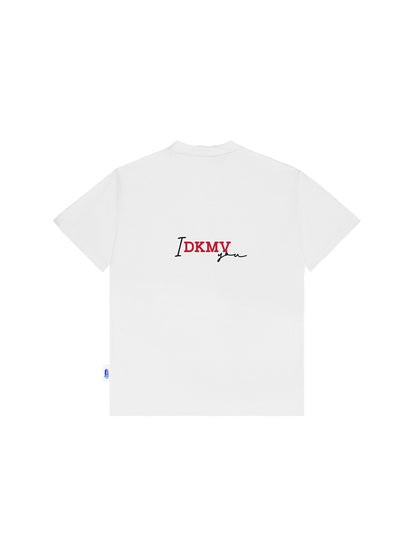 White t-shirt with red and black text on a white background