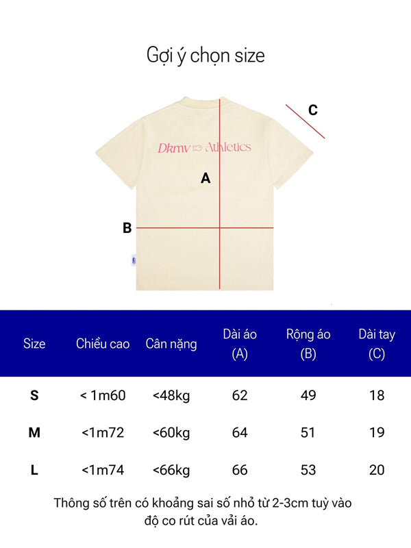 Beige t-shirt with brand logo and size chart for measurement guide.