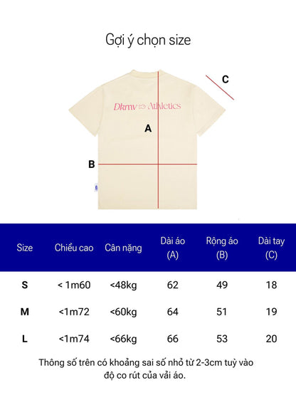 Beige t-shirt with brand logo and size chart for measurement guide.