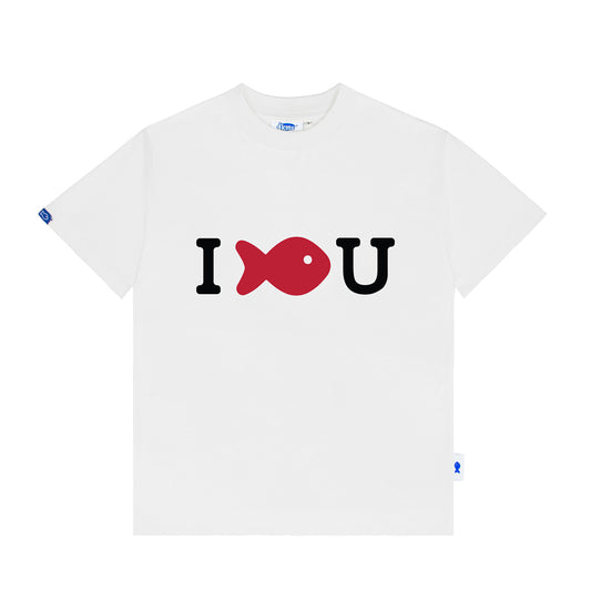 White t-shirt with 'I ❤️ U' design on a white background